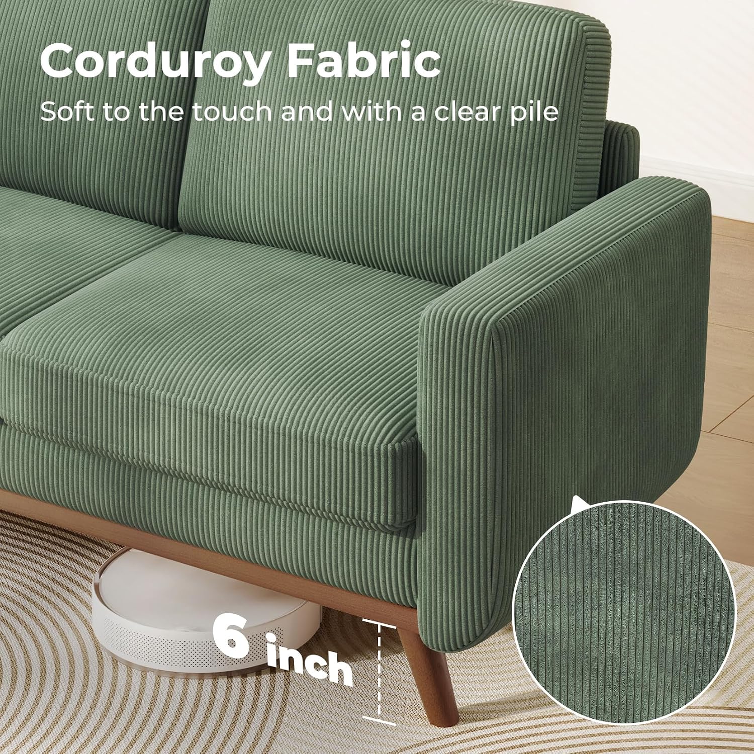 Vesgantti 68' Loveseat Sofa - Green, Comfy Corduroy with Spring Cushion, Solid Wood Frame, Modern Deep Seat, Bedroom & Living Room, Office Couch