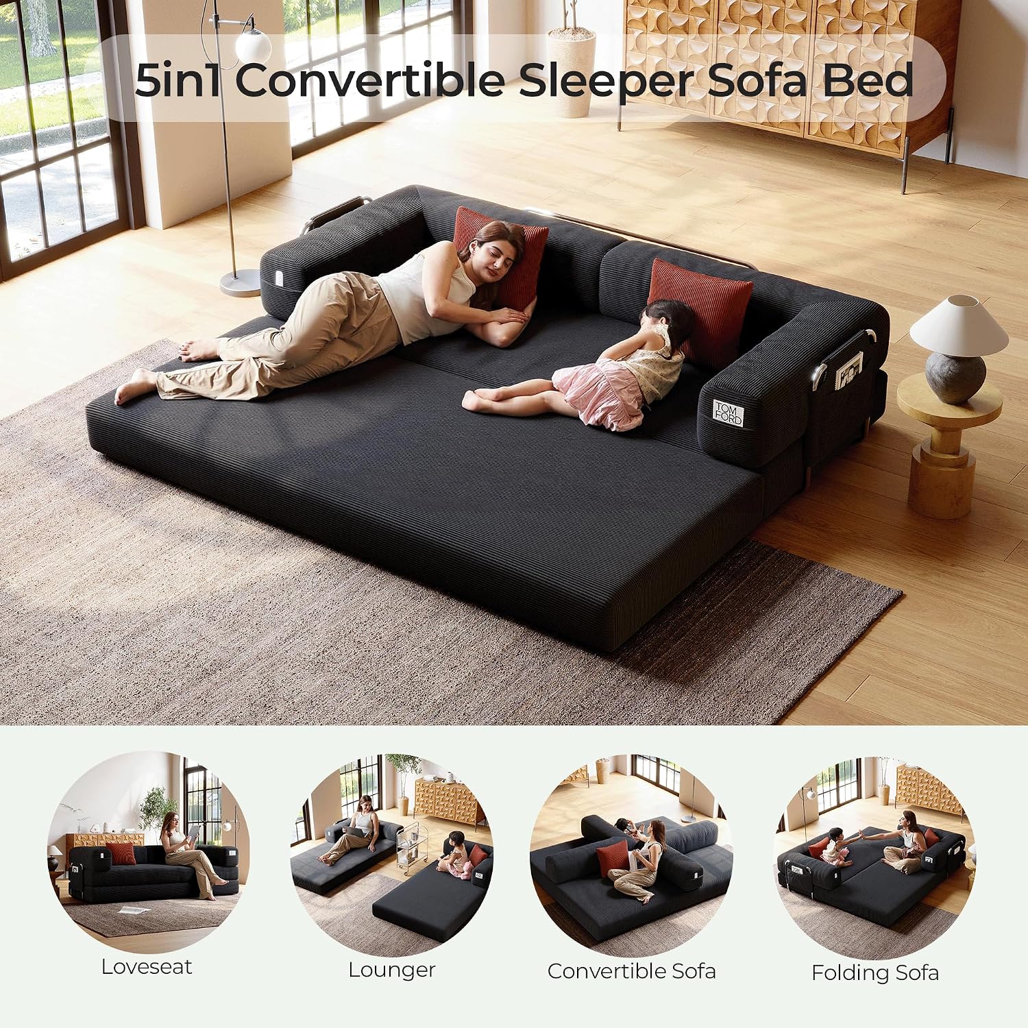 5-in-1 Folding Convertible Sofa Bed, Loveseat Sleeper with Pull-Out Bed, Floor Sofa Modular Futon Couch, 79' Oversized Corduroy Upholstered Boneless Couch for Living Room, Bedroom, Lounge, Grey-A