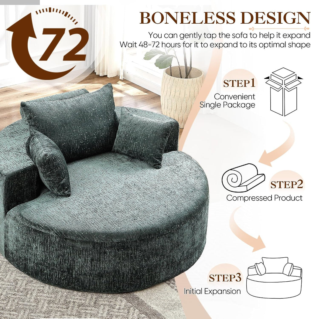 Oversized Round Chaise Longue Chair Indoor, Modern 55-inch Upholstered Chenille Deep Seat Circle Single Cloud Lounge Floor Sofa Chair for Living Room, Bedroom Apartment, Green