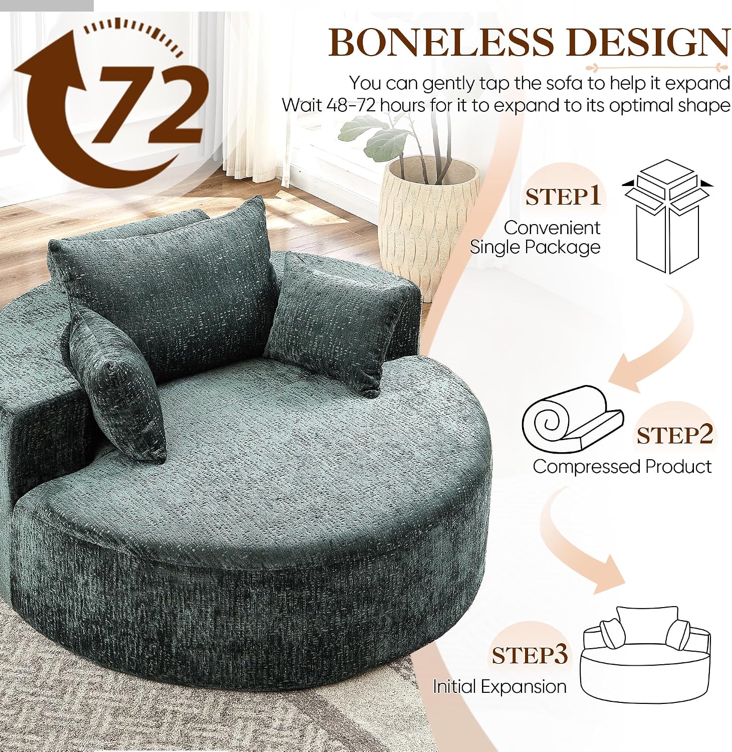 Oversized Round Chaise Longue Chair Indoor, Modern 55-inch Upholstered Chenille Deep Seat Circle Single Cloud Lounge Floor Sofa Chair for Living Room, Bedroom Apartment, Green