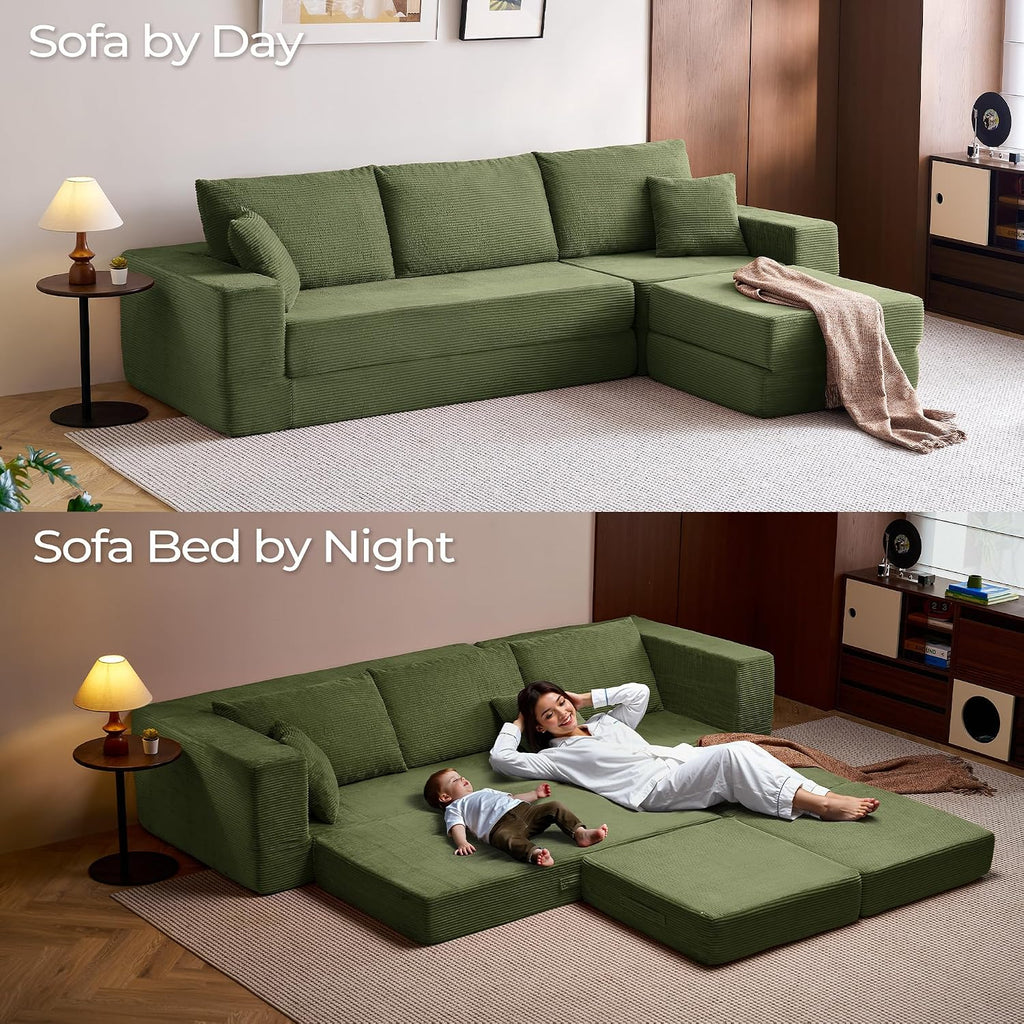 LINSY HOME Oversized Convertible Sofa Bed with 2 Pillows & Ottoman, Corduroy Boneless Couch Folding Modular Sleeper Sofa, L Shaped Couch Floor Sofa for Living Room Apartment, Upgrade Backrest (Green)