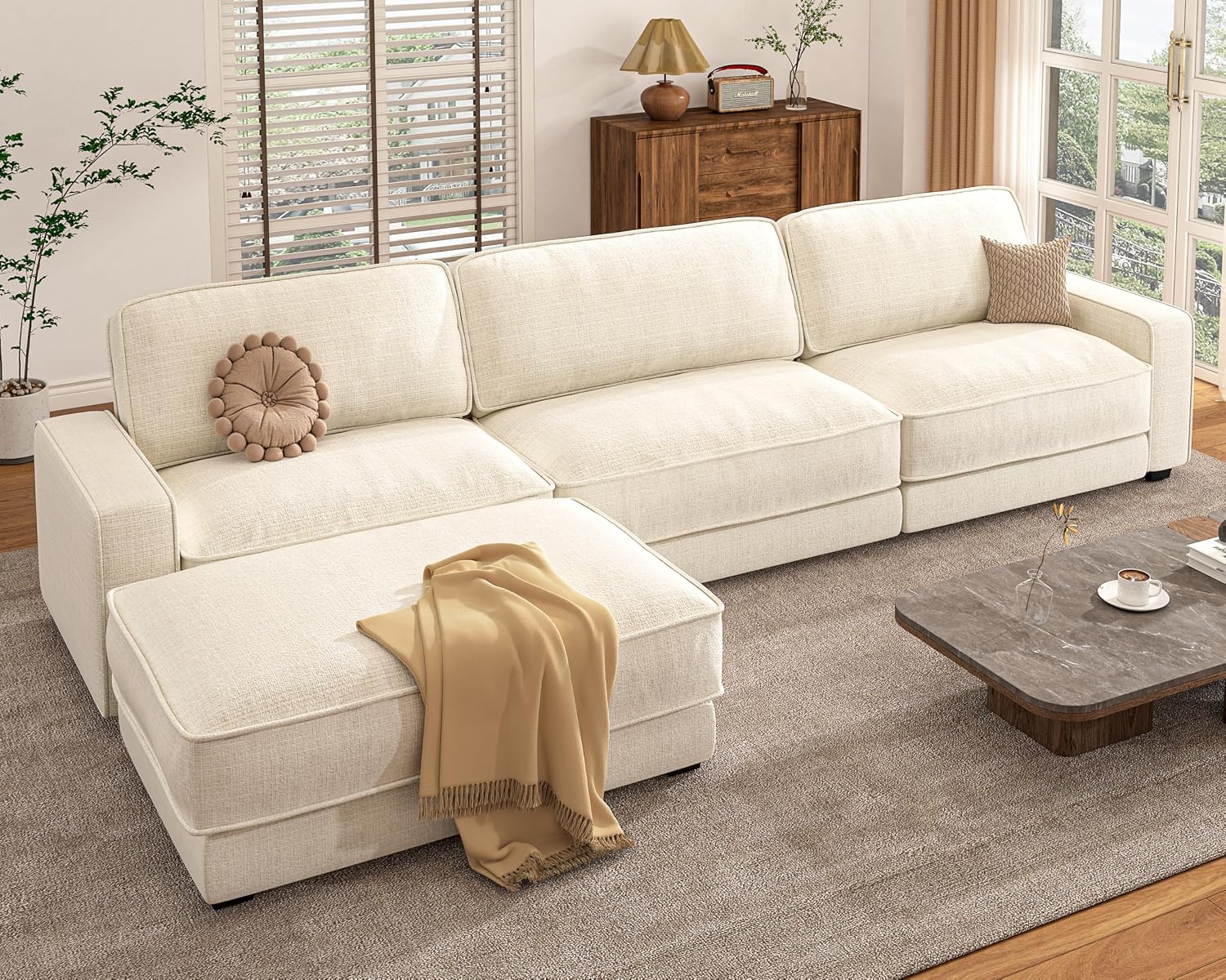 Vipbear 120' Oversized Modular Sectional Sofa, L Shaped Couch Set with 2 Pillows, 4 Seat Comfy Cloud Couches with Movable Ottoman for Living Room, Bedroom and Apartment, Chenille Beige