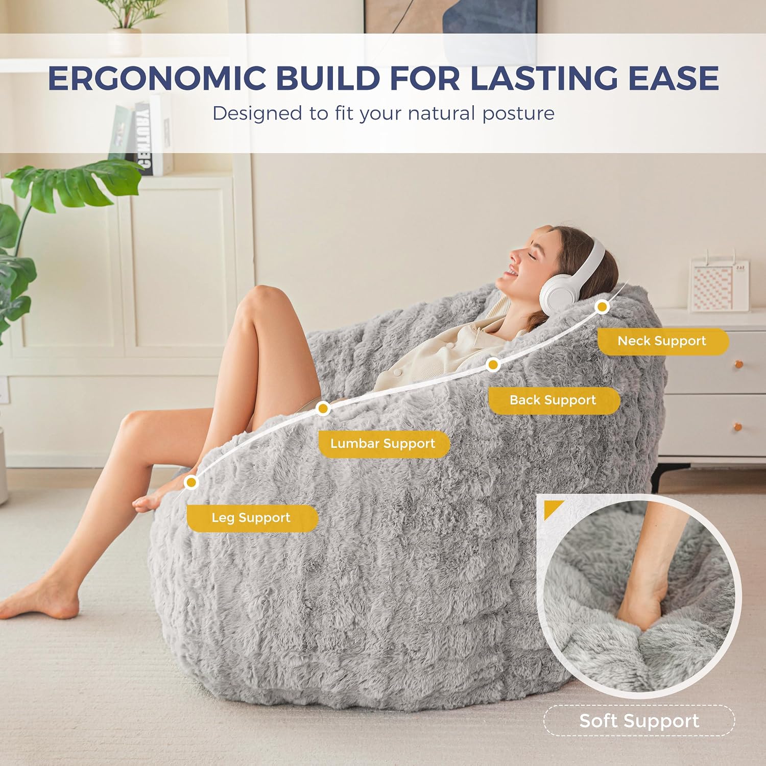 MAXYOYO Giant Bean Bag Chair for Adults, Stuffed Shell-Shaped Large Bean Bag Couch, Cozy Living Room Chair with Filler, Floor Sofa Lazy Sofa for Bedroom Living Room, Grey