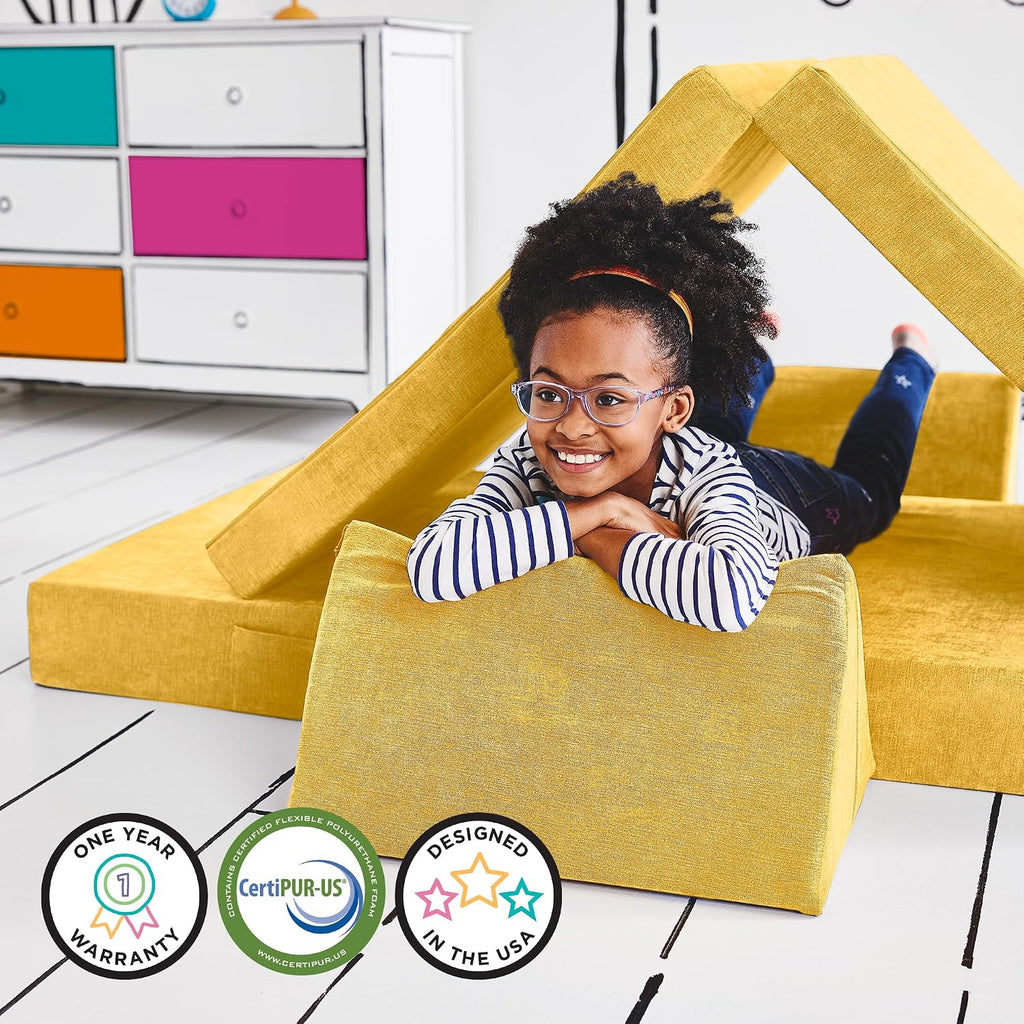 Yourigami Kids and Toddler Play Couch, Convertible Folding Sofa, Durable Foam Modular Design, Sunflower Yellow XL