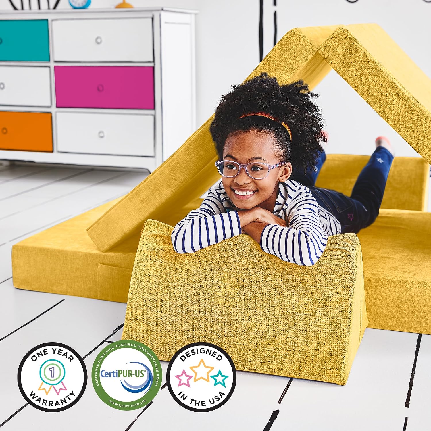 Yourigami Kids and Toddler Play Couch, Convertible Folding Sofa, Durable Foam Modular Design, Sunflower Yellow XL