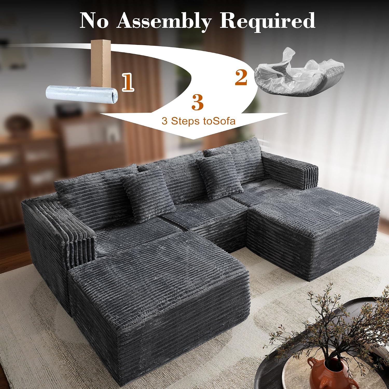 110 Corduroy Modular Sectional Boneless Sofa with 2 Ottomans, Convertible Cloud Couch with Deep Seats, Fluffy Memory Foam U Shaped Couch for Living Room, No Assembly Required (Gray)