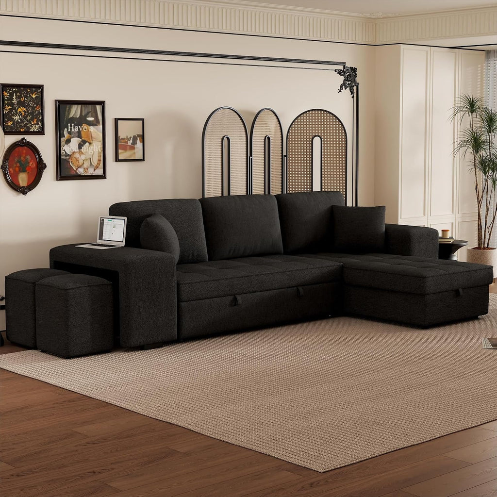 104.5 inch Reversible Sleeper Sectional Sofa with Pull Out Bed , Convertible L Shaped Sectional Couch with Storage Chaise and 2 Stools , Tufted Upholstered Pullout Sofa Bed for Living Room Apartment