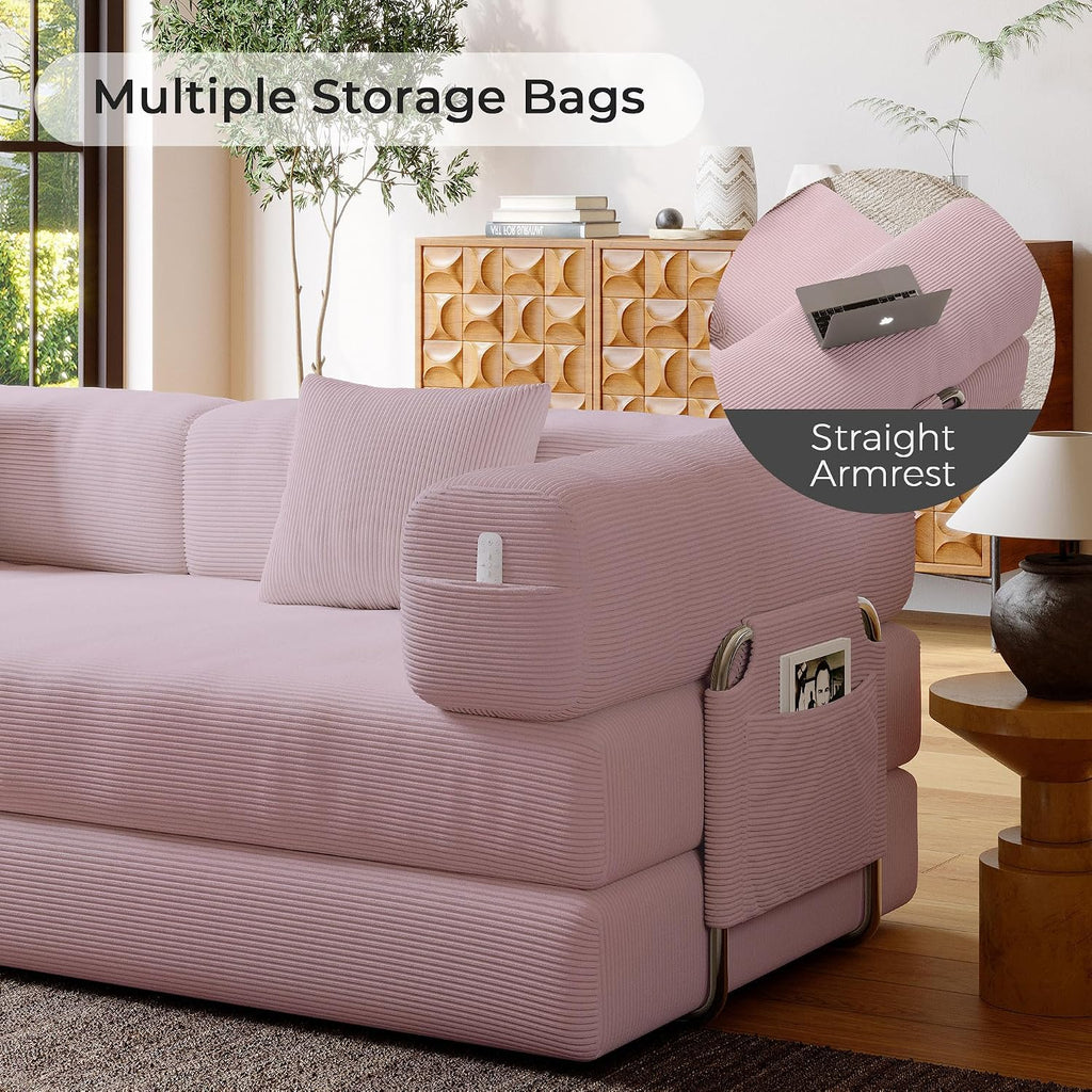 5-in-1 Folding Convertible Sofa Bed, Loveseat Sleeper with Pull-Out Bed, Floor Sofa Modular Futon Couch, 79' Oversized Corduroy Upholstered Boneless Couch for Living Room, Bedroom, Lounge, Pink-A