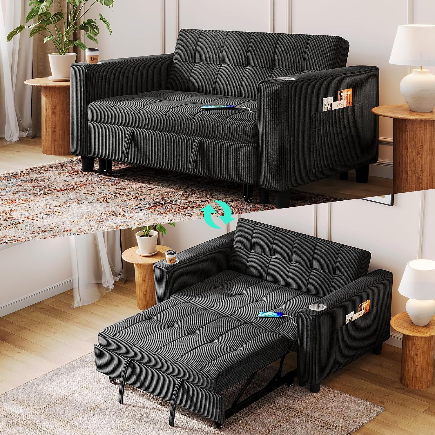 LINSY Sleeper Sofa Bed, 54' Pull Out Couch with Charging Station & Cup Holder, Small 3 in 1 Convertible Loveseat Sleeper Couch for Apartment, Dorm Room, Bedroom and Small Space, Corduroy Black