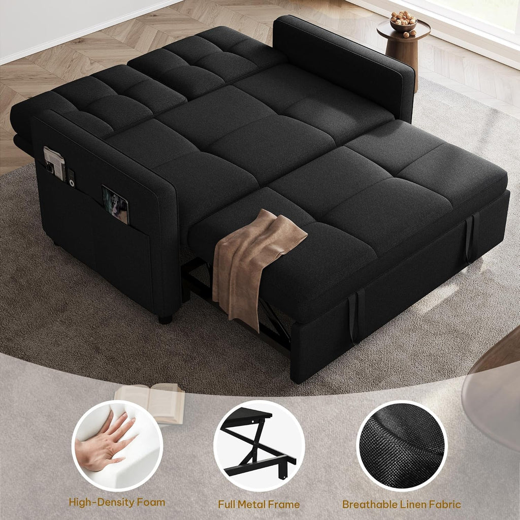 DWVO 55' Convertible Sofa Bed, 3-in-1 Sleeper Sofa with Pull-Out Bed, Linen Futon Couch with Adjustable Backrest and Side Pocket, Modern Loveseat for Living Room Apartment, Balck