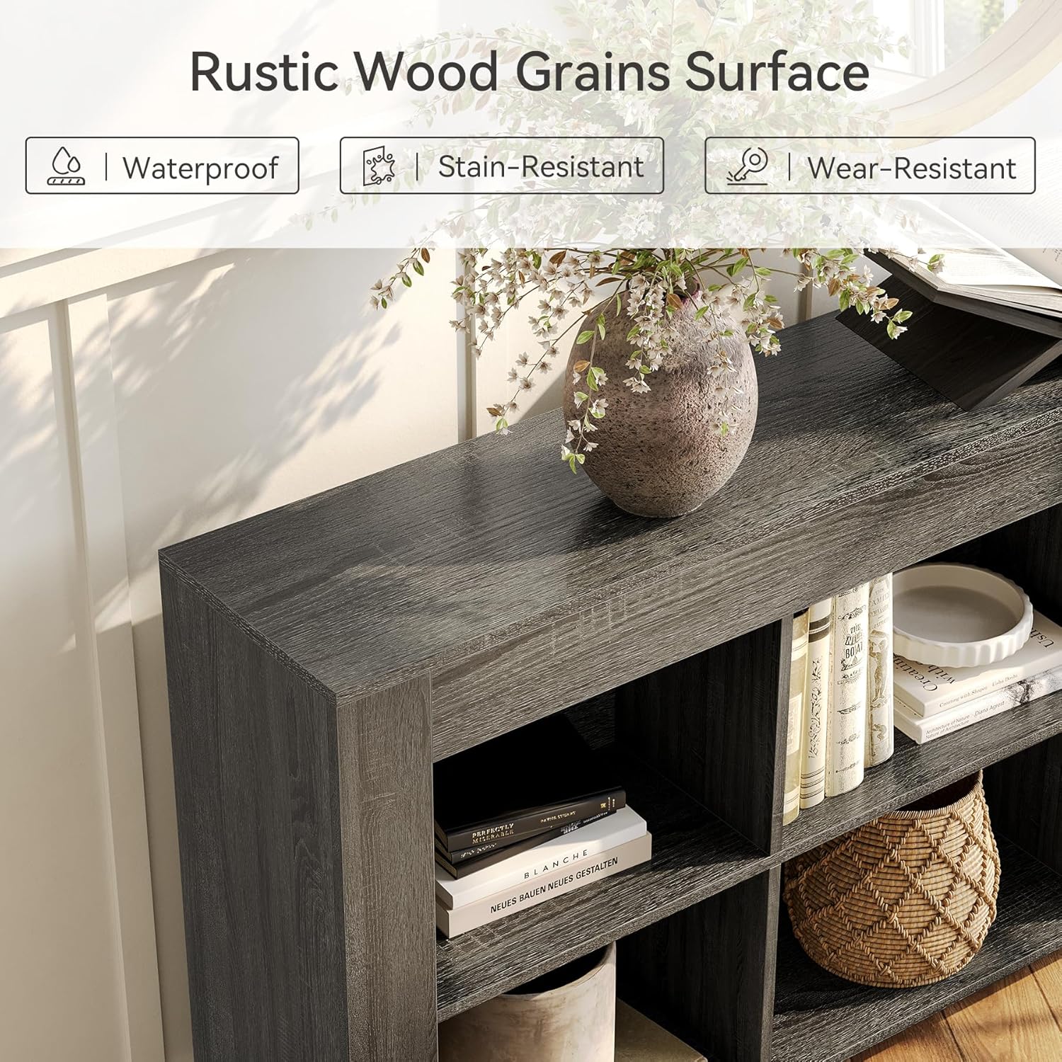 LITTLE TREE Console Table with Storage, 63-Inch Long Sofa Table, Entryway Table with Cubes, Farmhouse Storage Shelves for Entryway, Living Room, Grey + Black