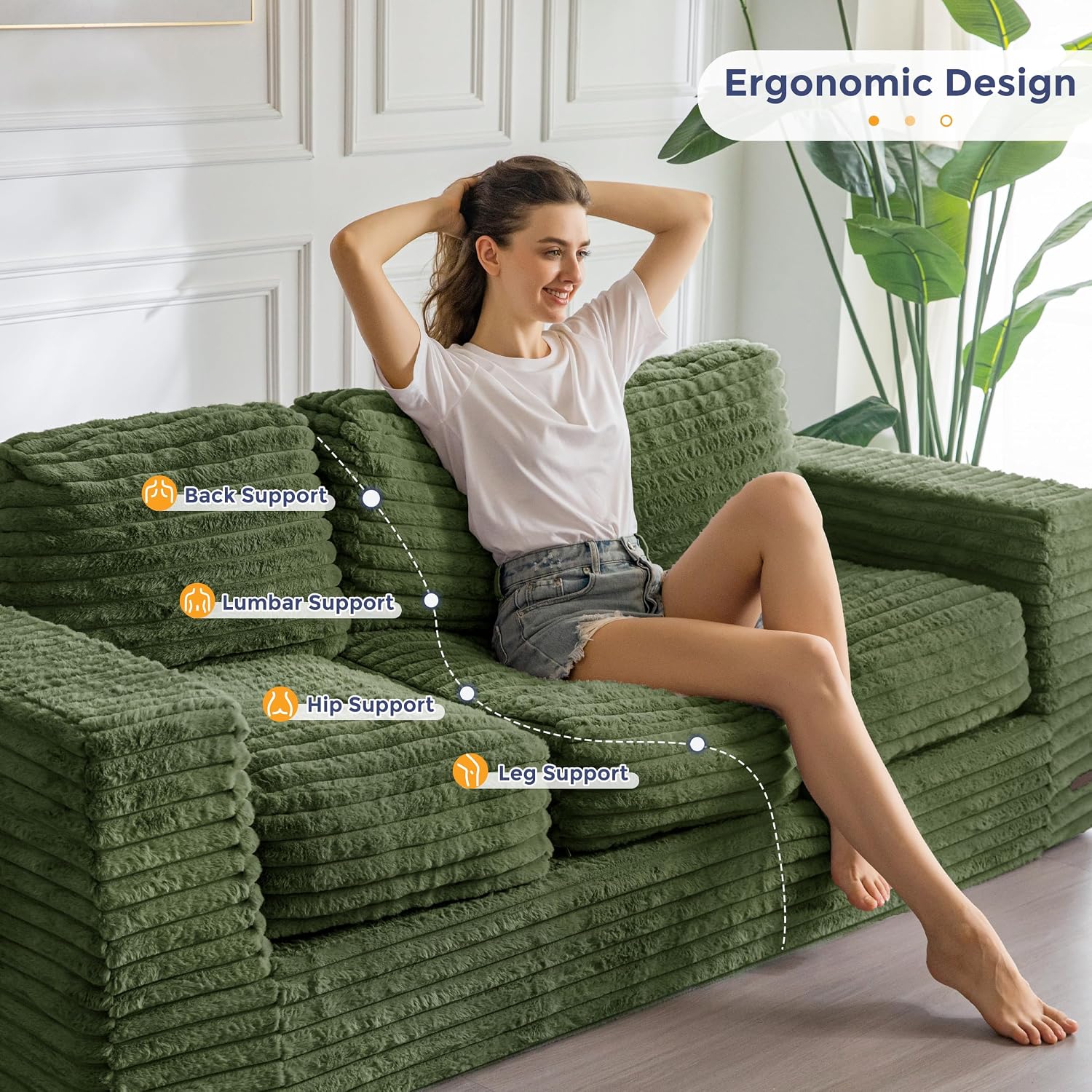 MAXYOYO 3-Seater Boneless Sofa Couch in a Box, Modern Faux Fur Sofa for Living Room, Soft High-Density Foam Couch with Pillows, Fluffy & Supportive Lounge, No Assembly Required, Green