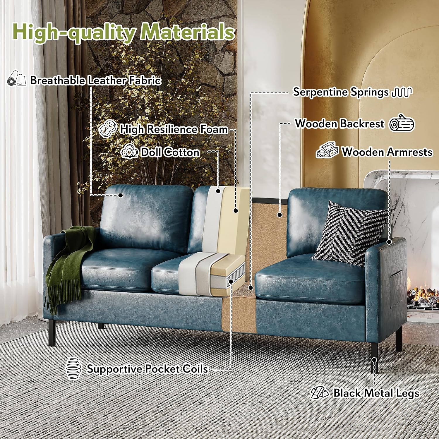 STHOUYN 73' W Faux Leather Couch w/ 2 USB, Leather Sofa w/Side Pockets, Wooden Frame 3 Seat Couch for Livingroom, Office, Apartment (Blue, 3 Seater)