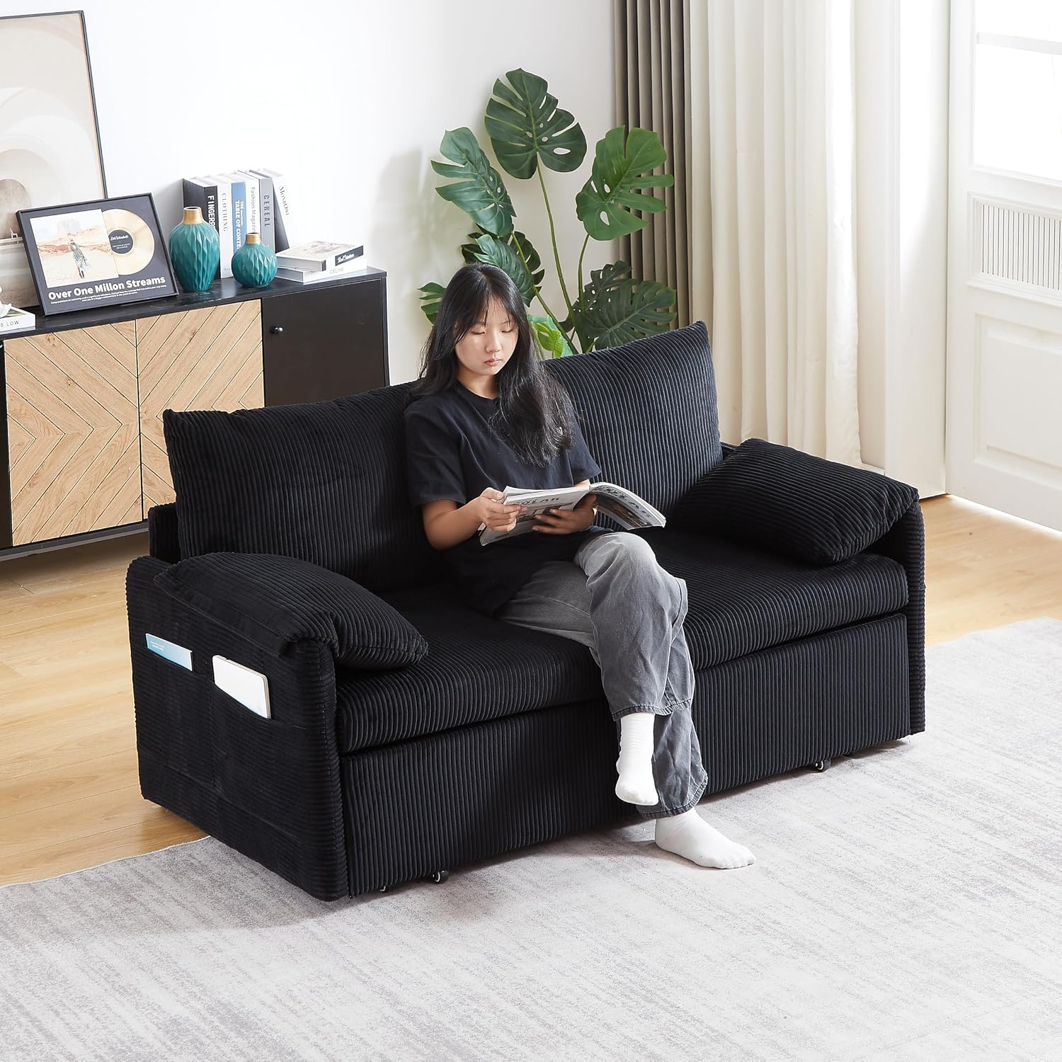 Eafurn 3 in 1 Convertible Pull Out Sleeper Sofa Couch Bed Queen Size, Corduroy Pullout Lounge Loveseat RV Sofa&Couches Sofabed with Soft Pillows Armrest,Side Pockers for Living Room Apartment