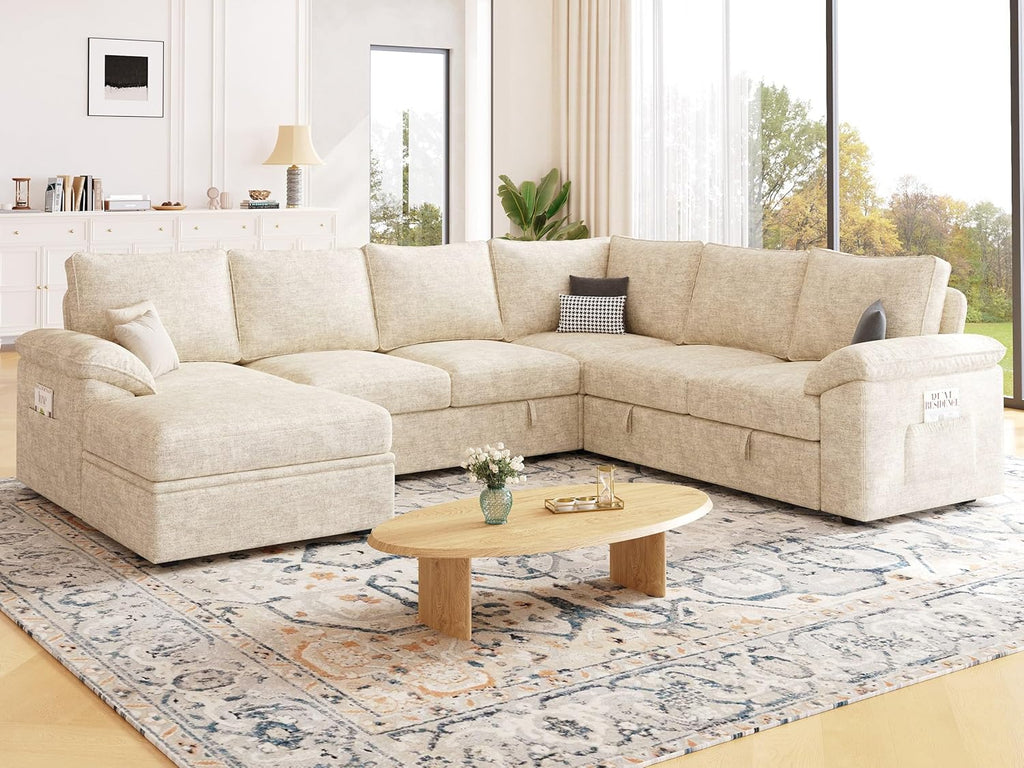 108 Inch Modular Sectional Sofa with Pull Out Bed,U Shaped 7 Seat Sectional Sleeper Sofa with Storage,Sectional Couches for Living Room,Cloud Modular Couch,Removable Sofa Cover,Beige