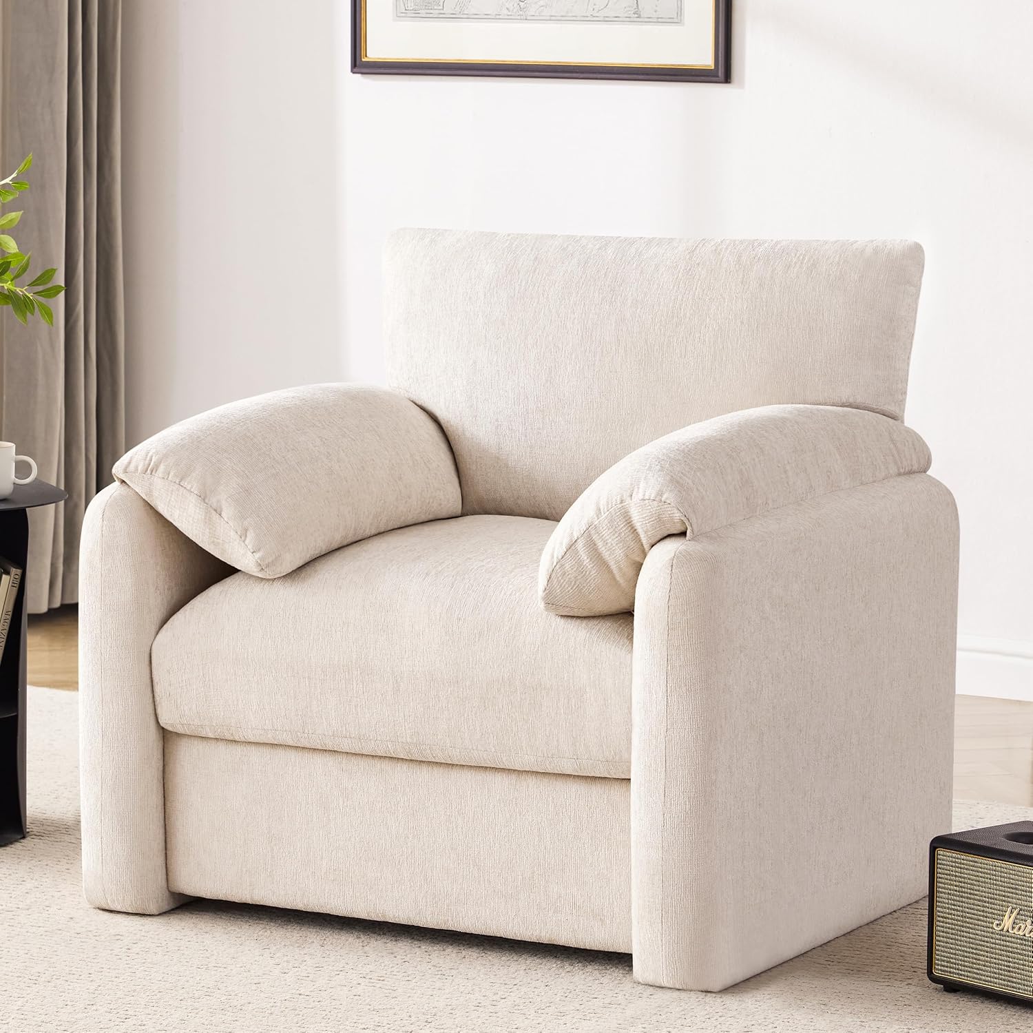 Howjoe Chenille Oversized Armchair, 38.6' Wide Accent Chairs for Living Room & Bedroom Modern Lounge Chair, Upholstered Mid-Century Reading Chair, Comfy Living Room Chair, Single Sofa Chair, Beige