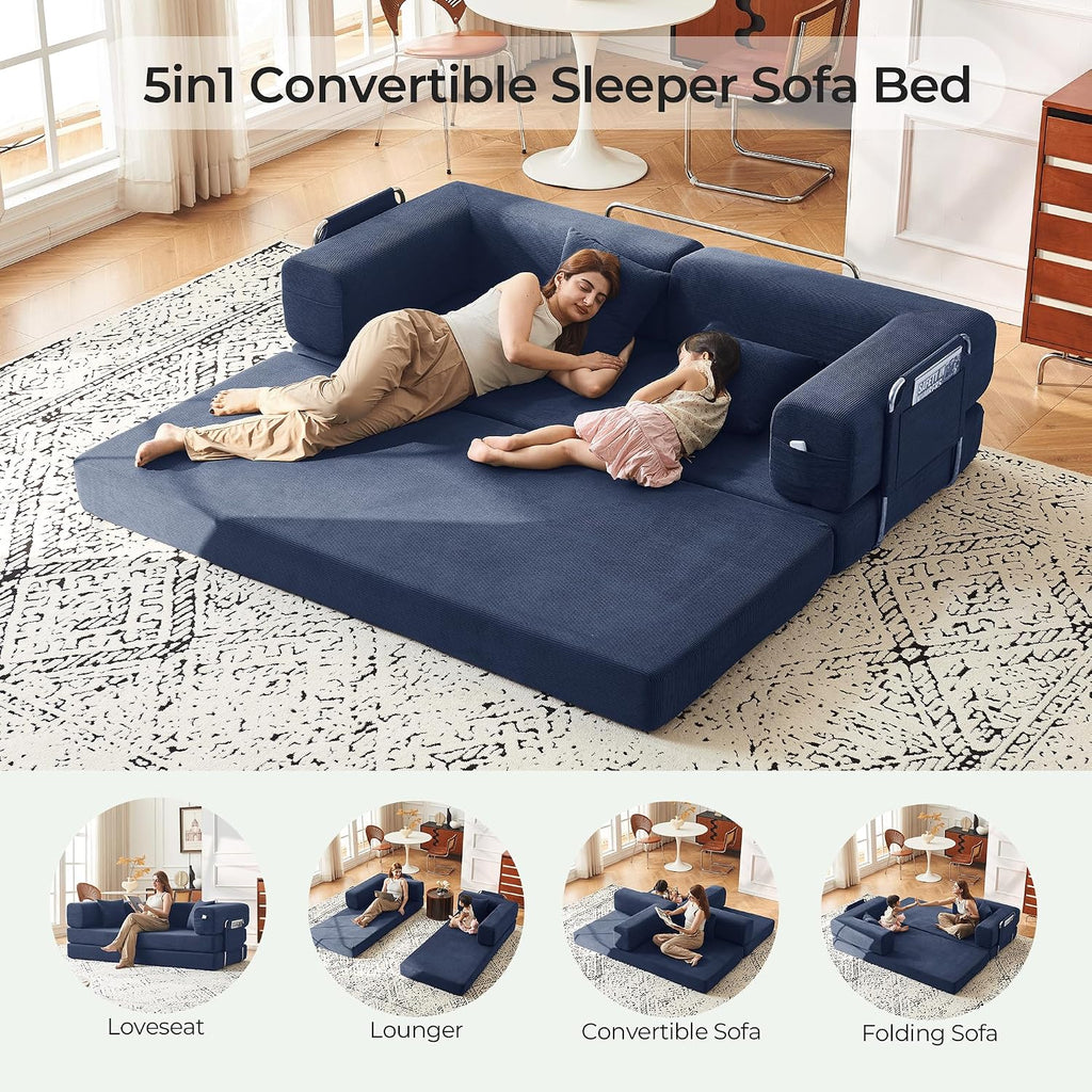 79' Convertible Sofa Bed with Pillows, Corduroy Folding Sleeper Sofa with Fixed-Shape Frame, Boneless Couch for Living Room Bedroom, Floor Sofa Lounge No Assembly Required (A - Style - Blue)