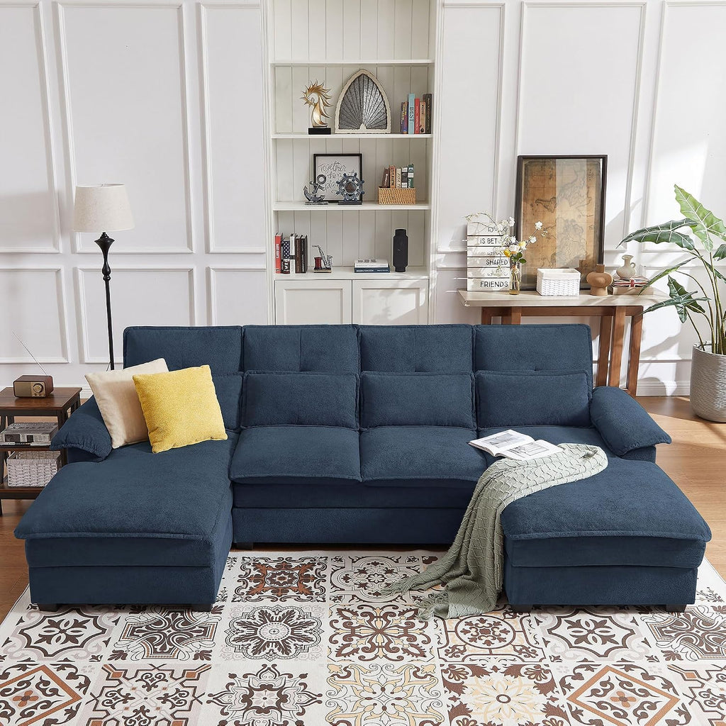 110' Comfy Cloud Couch Sectional Sofa with Lumbar Pillows, Modern U-Shaped Cloud Sofa with Double Chaise & Deep Seat for Living Room, or Office, Easy Assembly, Dark Blue