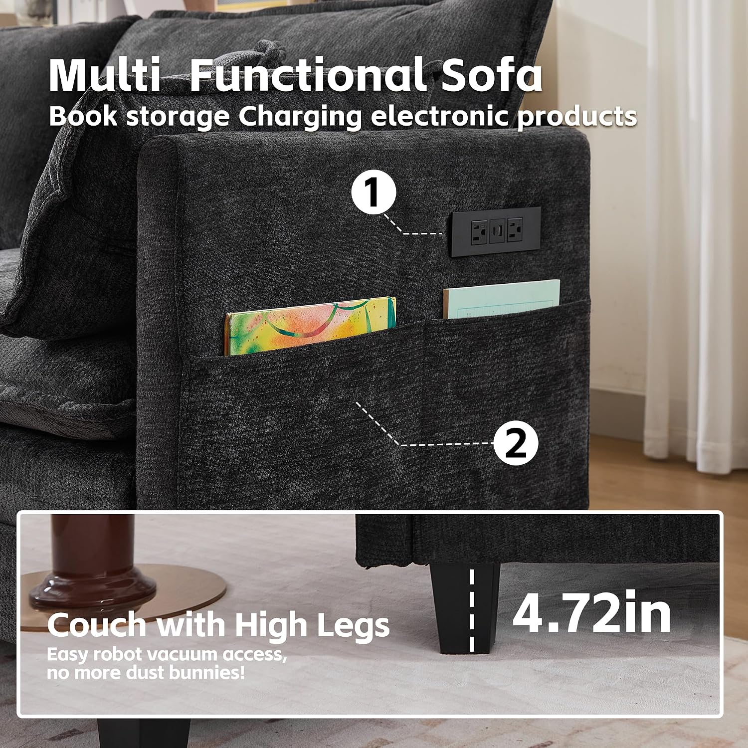 Modular Sectional Sofa, 75' Loveseat Modern Couches for Living Room, Comfy Cloud Couch with Deep Seat for Office and Apartment, with Charger, USB & Type-c Port, Black Chenille Fabric