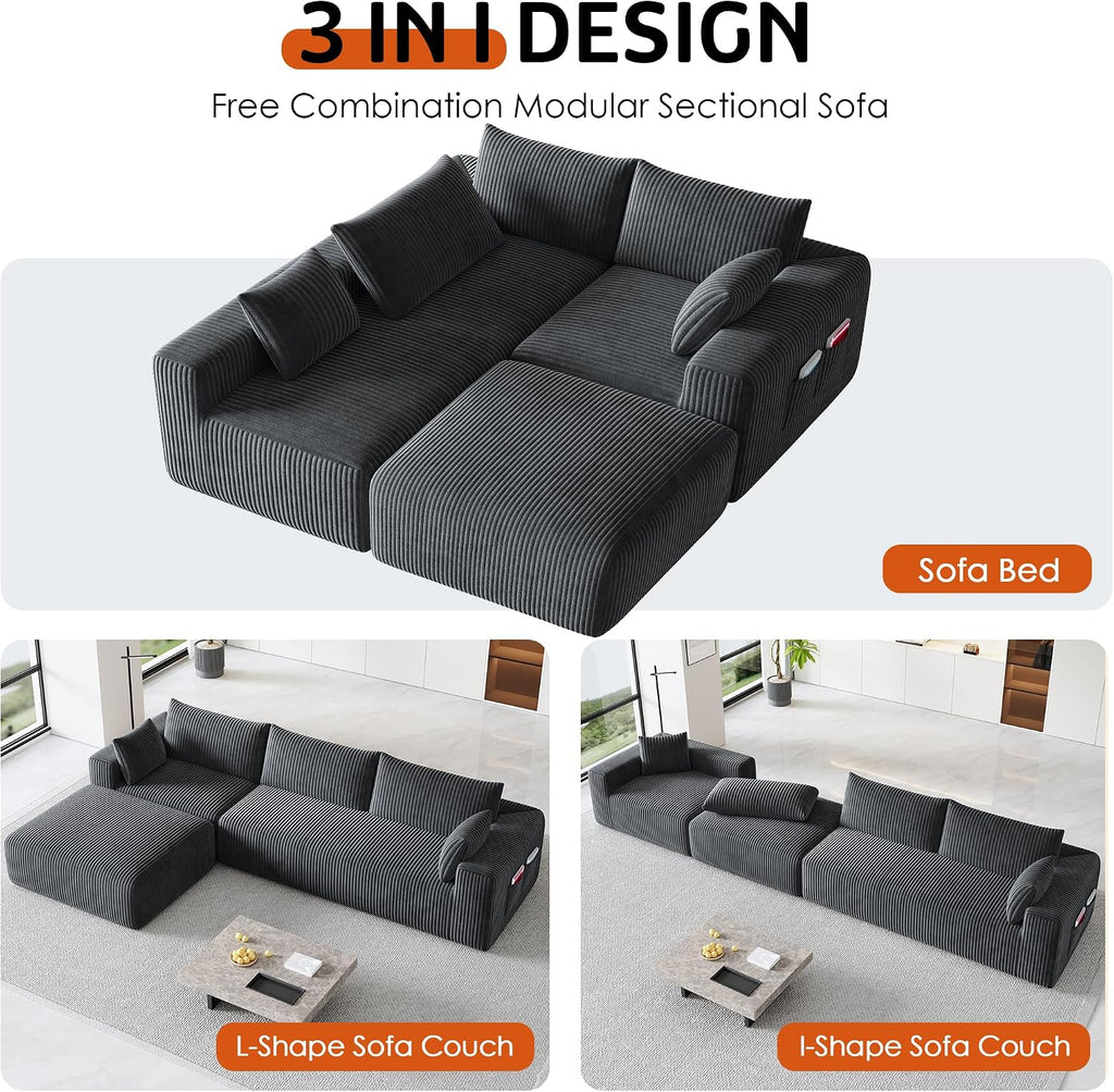 108' Cloud Couch Modular Sectional Sofa for Living Room,L Shaped Boneless Couch with Deep Seat Chaise,No Assembly Required Foam Sleeper Sofa for Apartments,Plush Corduroy Fabric, Dark Gray
