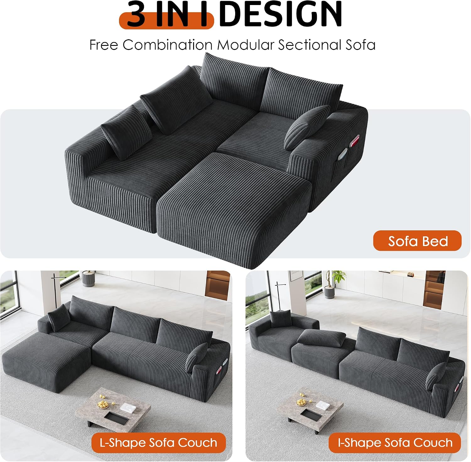 108' Cloud Couch Modular Sectional Sofa for Living Room,L Shaped Boneless Couch with Deep Seat Chaise,No Assembly Required Foam Sleeper Sofa for Apartments,Plush Corduroy Fabric, Dark Gray