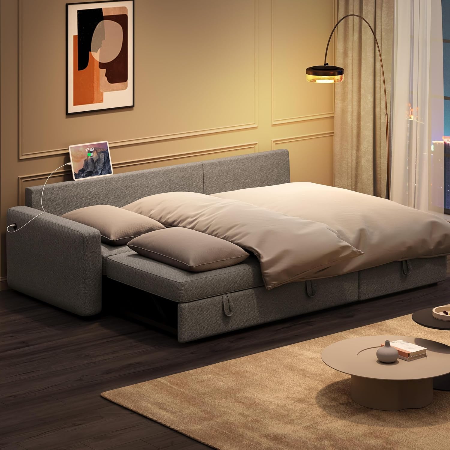 Yaheetech Sectional Sofa L-Shaped Sofa Couch Bed w/Chaise & USB, Reversible Couch Sleeper w/Pull Out Bed & Storage Space Living Room Light Gray