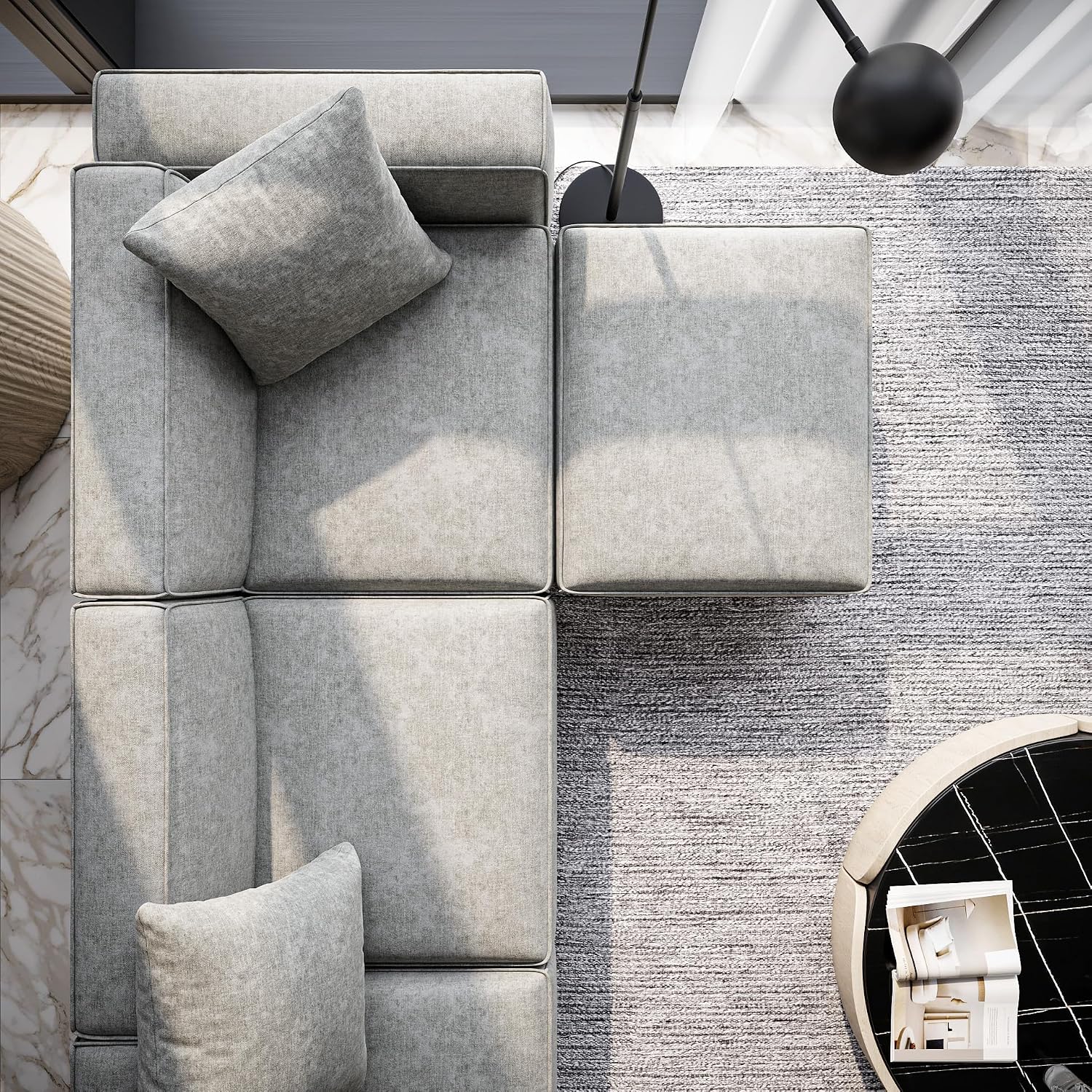 Acanva Luxury Modular Sectional Couch with Moveable Ottoman and Chaise, Modern Minimalist Style Sofa for Living Room, Apartments, U-Shape, Chenille Grey