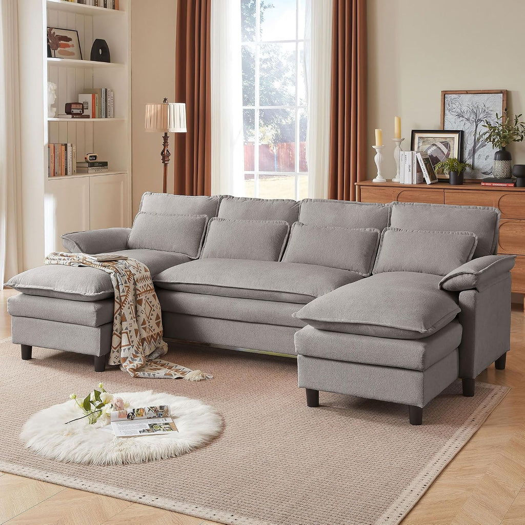 Comfy Cloud Couch Sectional Sofa with Lumbar Pillows, 105' Modern 4 Seater U Shaped Cloud Sofa with Deep Seat & Double Long Chaise, Sectional Couches for Living Room, or Office, Light Grey