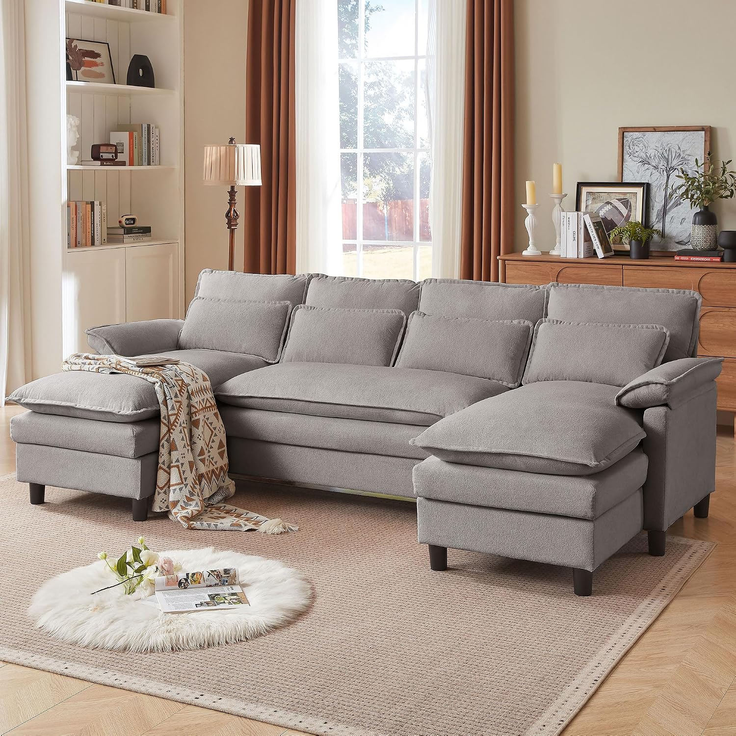 Comfy Cloud Couch Sectional Sofa with Lumbar Pillows, 105' Modern 4 Seater U Shaped Cloud Sofa with Deep Seat & Double Long Chaise, Sectional Couches for Living Room, or Office, Light Grey
