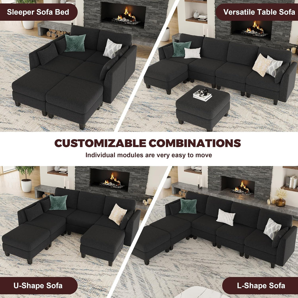 Modular Sectional Sofa, 6 Seaters Modular Sleeper Sofa Couch, Comfy Sectionals Couches Bed, Convertible Sofas with Ottomans, Sectional Couches for Living Room, Black