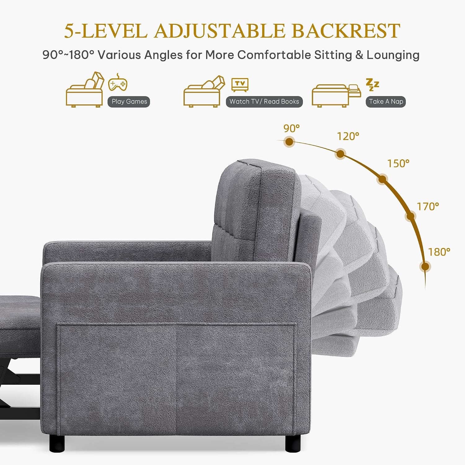 DWVO 3 in 1 Convertible Sleeper Sofa Bed, 55' Pull Out Sofa Bed with Adjustable Backrest and USB, Velvet Futon Couch with Side Pockets for Living Room, Grey