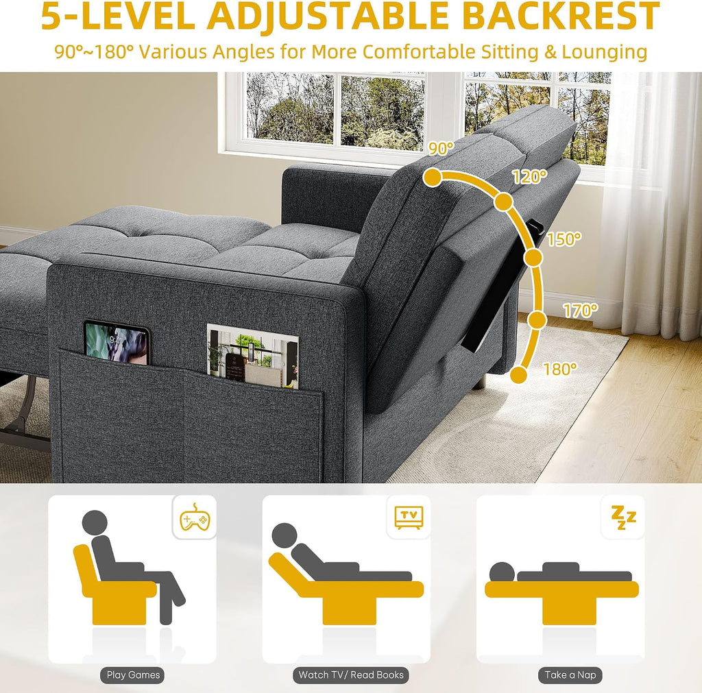 YITAHOME 55' Convertible Sofa Bed, 3-in-1 Pullout Sofa, Linen Sleeper Sofa with Reclining Backrest and Side Pocket, Modern Futon Couch for Living Room Bedroom Apartment, Grey