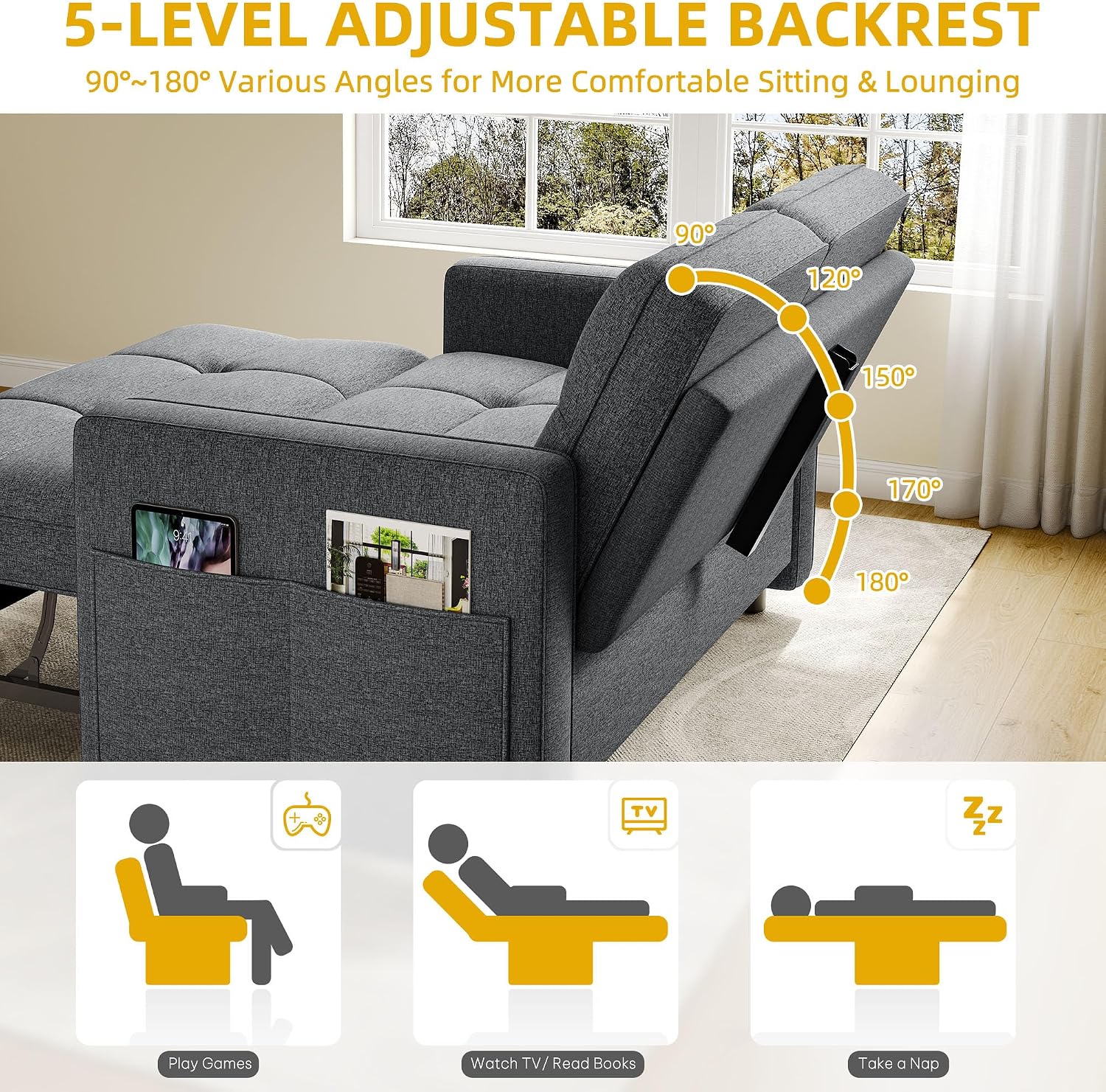 YITAHOME 55' Convertible Sofa Bed, 3-in-1 Pullout Sofa, Linen Sleeper Sofa with Reclining Backrest and Side Pocket, Modern Futon Couch for Living Room Bedroom Apartment, Grey