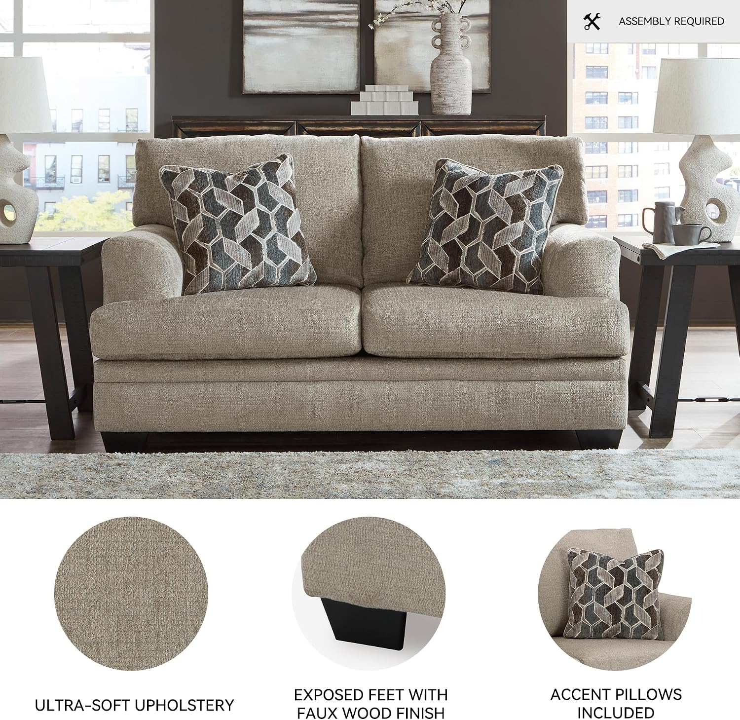 Signature Design by Ashley Stonemeade Casual Loveseat with 2 Toss Pillows, Light Brown