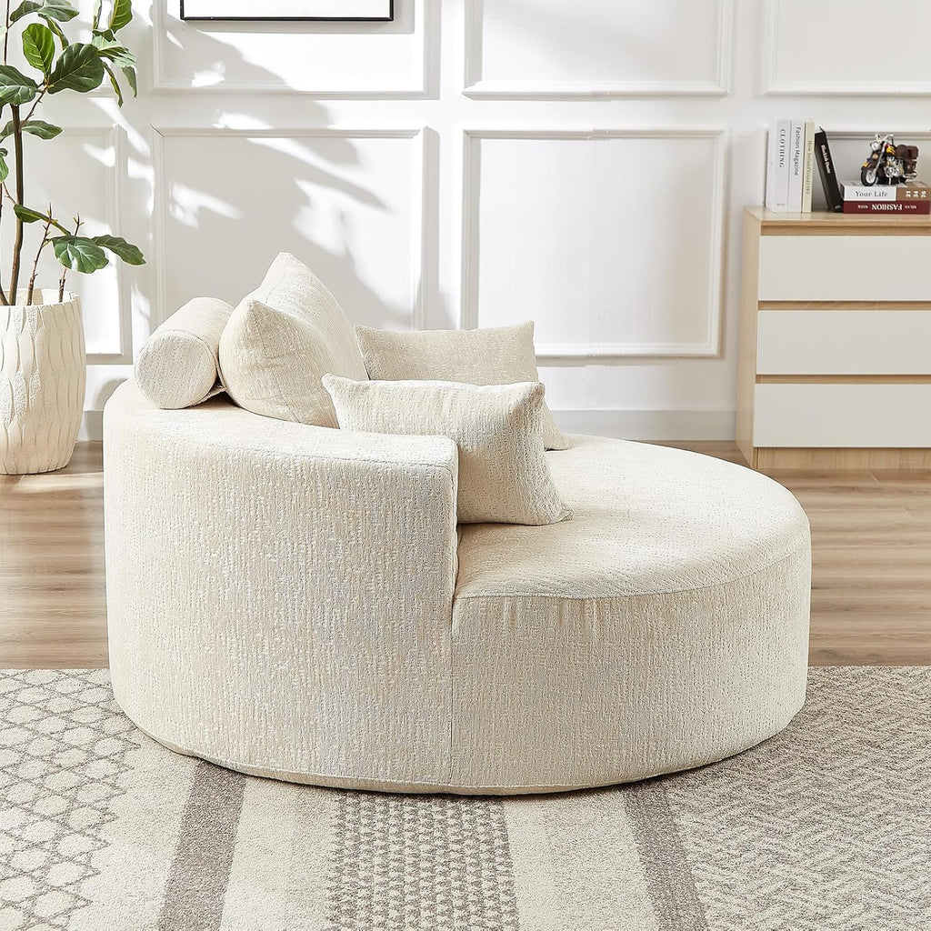 Oversized Round Chaise Longue Chair Indoor, Modern 55-inch Upholstered Chenille Deep Seat Circle Single Cloud Lounge Floor Sofa Chair for Living Room, Bedroom Apartment, Beige