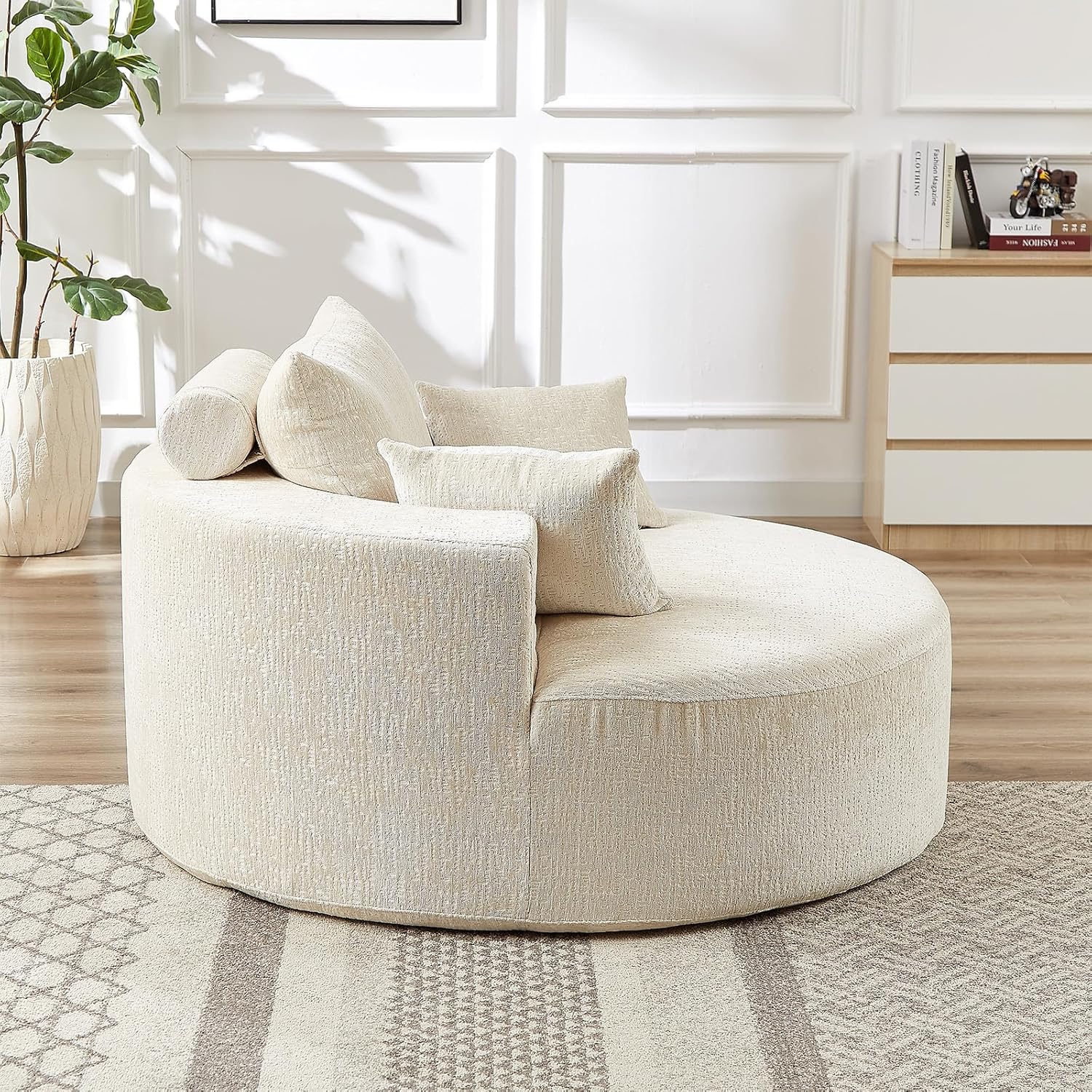Oversized Round Chaise Longue Chair Indoor, Modern 55-inch Upholstered Chenille Deep Seat Circle Single Cloud Lounge Floor Sofa Chair for Living Room, Bedroom Apartment, Beige
