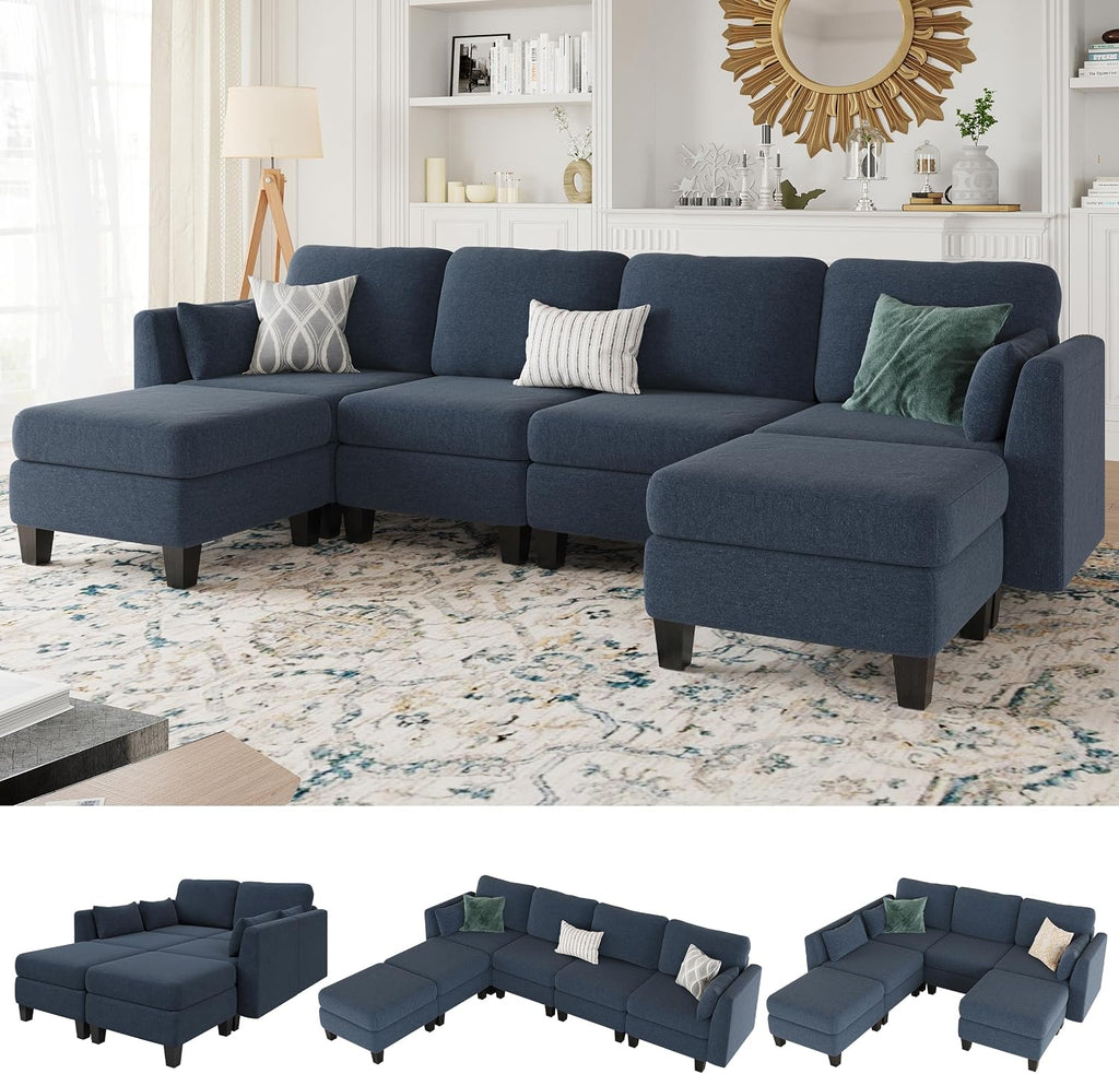 Modular Sectional Sofa, 6 Seaters Modular Sleeper Sofa Couch, Comfy Sectionals Couches Bed, Convertible Sofas with Ottomans, Sectional Couches for Living Room, Blue