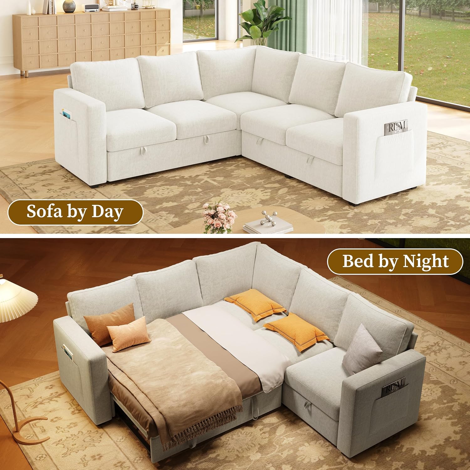 83.5' Sectional Sleeper Sofa with Pull Out Couch, Modern 5 Seat L Shaped Modular Couch, Sectionals Modular Sofa with Storage, Comfy Sectional Couches for Living Room & Apartment, Light Beige