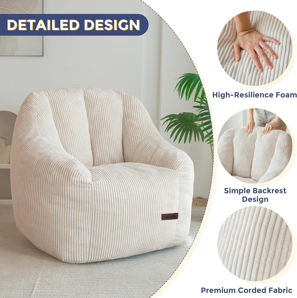 MAXYOYO Bean Bag Chair, Bean Bag Sofa with Filler, Cozy Living Room Chair for Adults and Kids, Stuffed Floor Sofa for Bedroom Dorm Reading, Beige