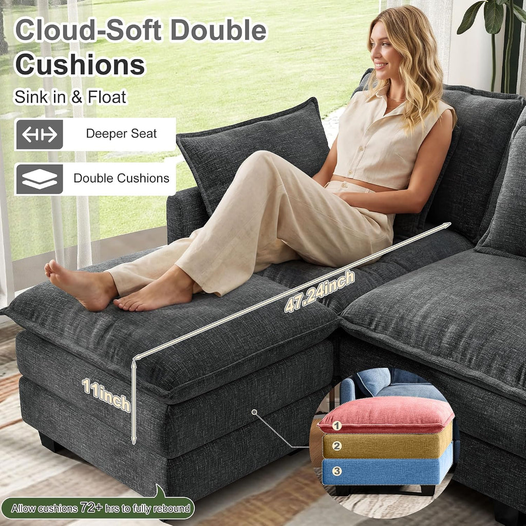 107' Cloud Couch Sectional, U Shaped Modular Sectional Sofa, 4-Seat Deep Seat Couch with 6 Removable Washable Pillows and 2 Ottoman for Living Room, Bedroom, Apartment, Black Grey