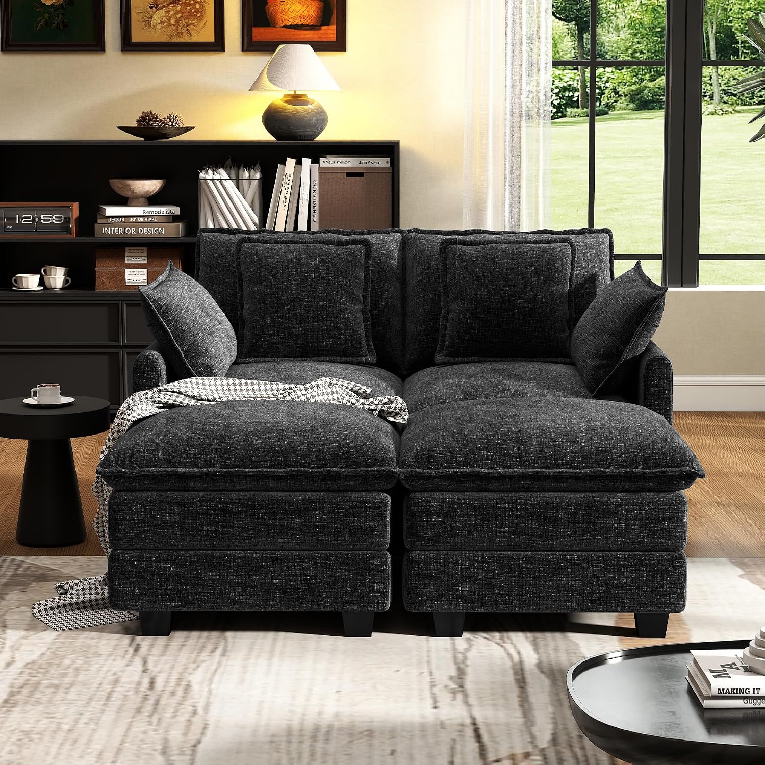 58' Cloud Couch Loveseat, Deep Seat Modular Sectional Sofa with 4 Removable Washable Pillows and 2 Ottoman for Living Room, Bedroom, Apartment, Black
