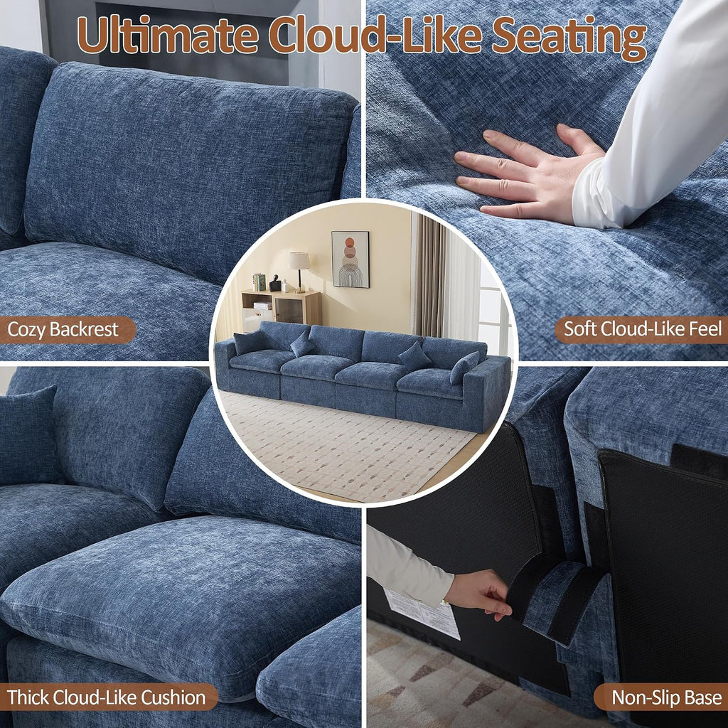 146''Cloud Boneless Sectional Couch, Modular Sectional Sofa Deep Seat, Oversized Upholstered Convertible Comfy 4 Seater Chenille Memory Foam Sofa Couches for Living Room, Blue