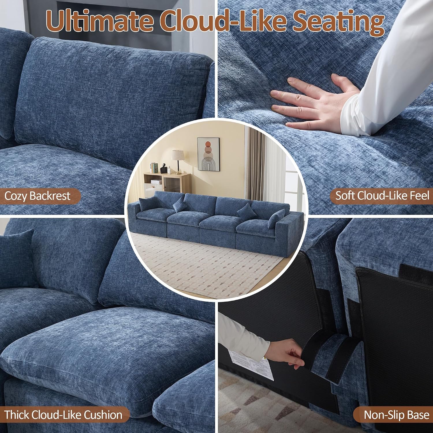 146''Cloud Boneless Sectional Couch, Modular Sectional Sofa Deep Seat, Oversized Upholstered Convertible Comfy 4 Seater Chenille Memory Foam Sofa Couches for Living Room, Blue