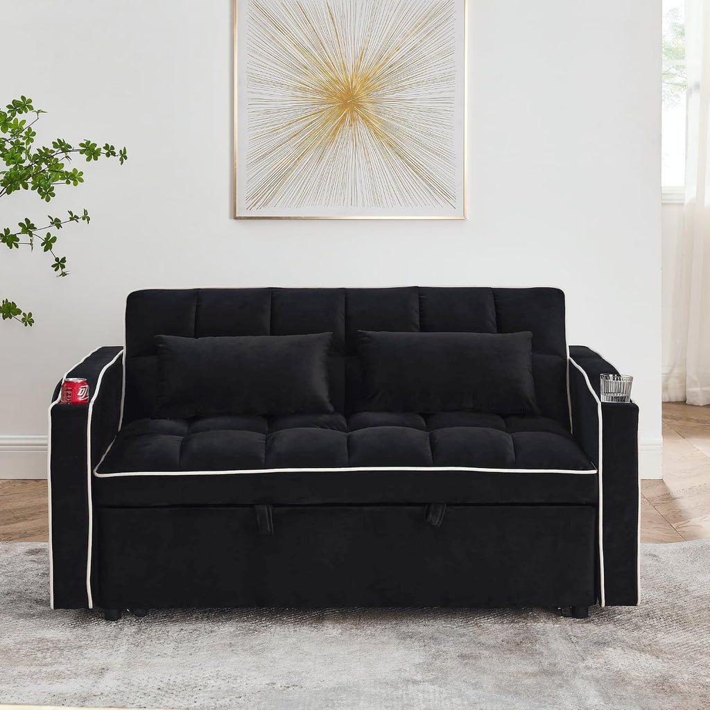 LUMISOL 55.5' Convertible Sleeper Sofa with Pull Out Bed, 3-in-1 Loveseat Sofa with USB Ports, 2 Cup Holders & Storage Pockets, Velvet Sleeper Sofa Bed with Adjustable Backrest, Black