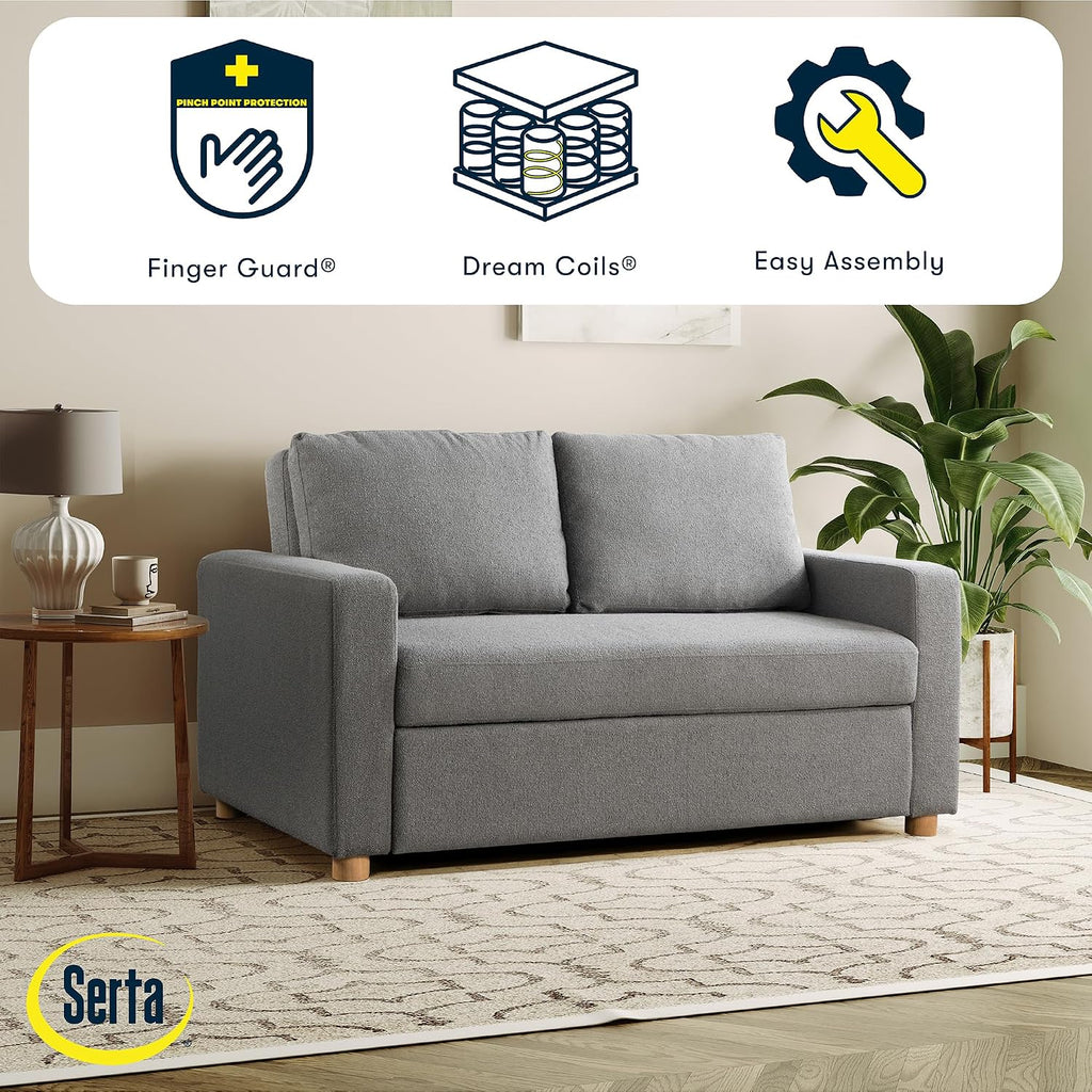 Serta Tulsa 66.1' Convertible Sleeper Loveseat, Full Size, Dreamcoil Comfort, FingerGuard Pinch Point Protection, Boucle Fabric, Grey