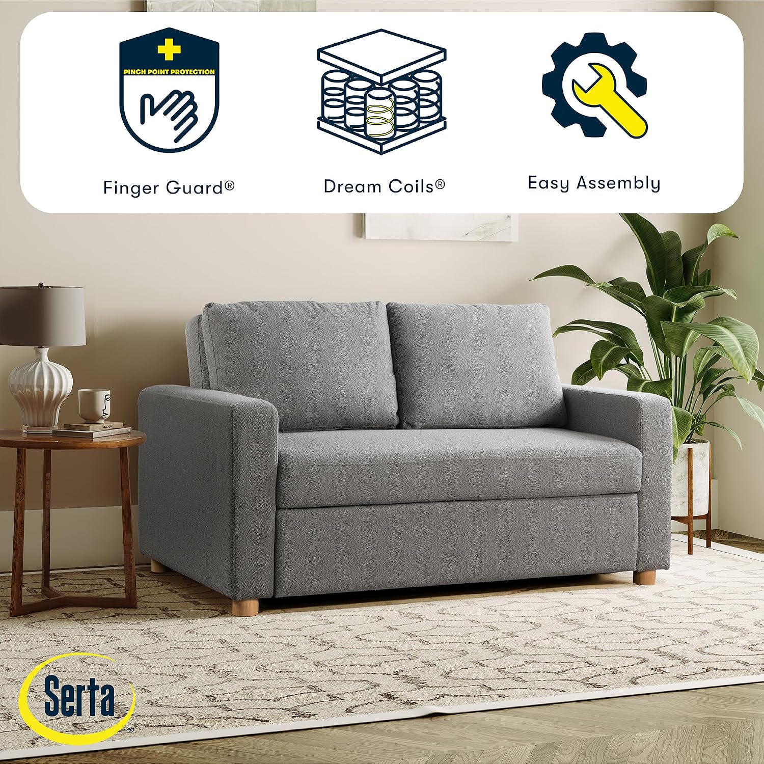 Serta Tulsa 66.1' Convertible Sleeper Loveseat, Full Size, Dreamcoil Comfort, FingerGuard Pinch Point Protection, Boucle Fabric, Grey