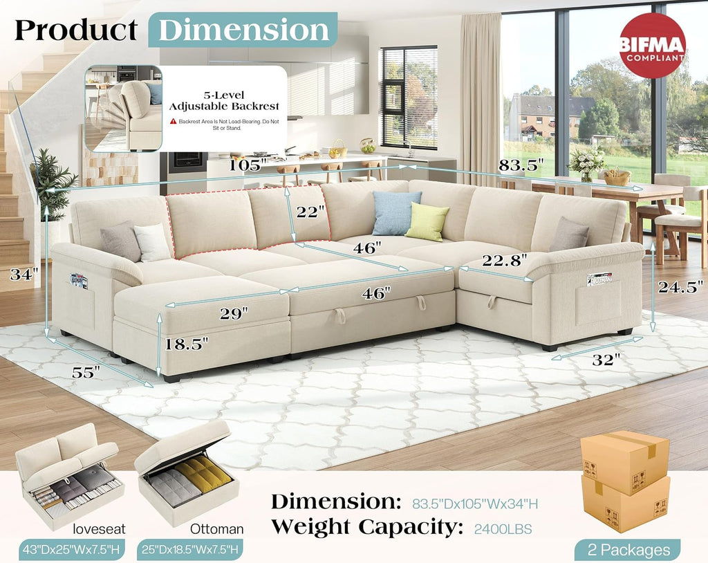 Jocisland 105' Sofa Bed, Sectional Sleeper Sofa with Pull Out Bed/Reclining Backrest, Sleeper Couch Bed with Storage, 6 Seater Couch Bed for Living Room, Chenille Beige