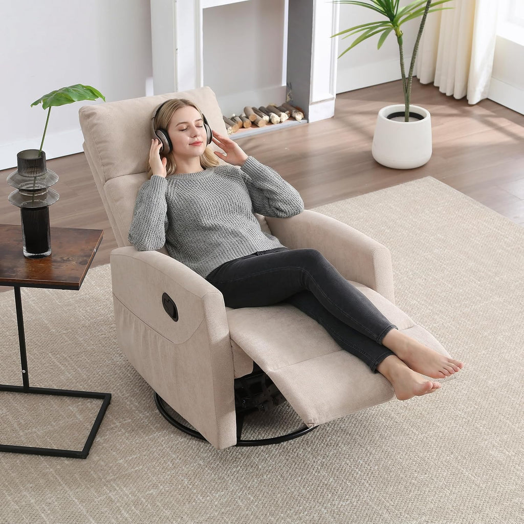 PELUMY Manual Recliner Chair, 360° Swivel Glider and Rocker Recliner with 155° Recline, Compact Fabric Recliner for Small Space, Nursery, Living Room, Bedroom, No Tools Assembly (Beige)