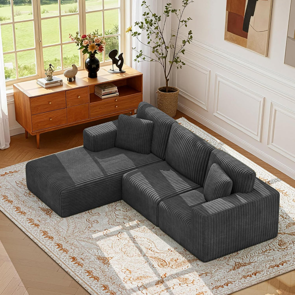 KINGYES 107'' Modular Sectional Sofa, L Shaped Cloud Couch for Living Room, Modern Plush Corduroy Boneless Sofa with Chaise for Bedroom, Gray