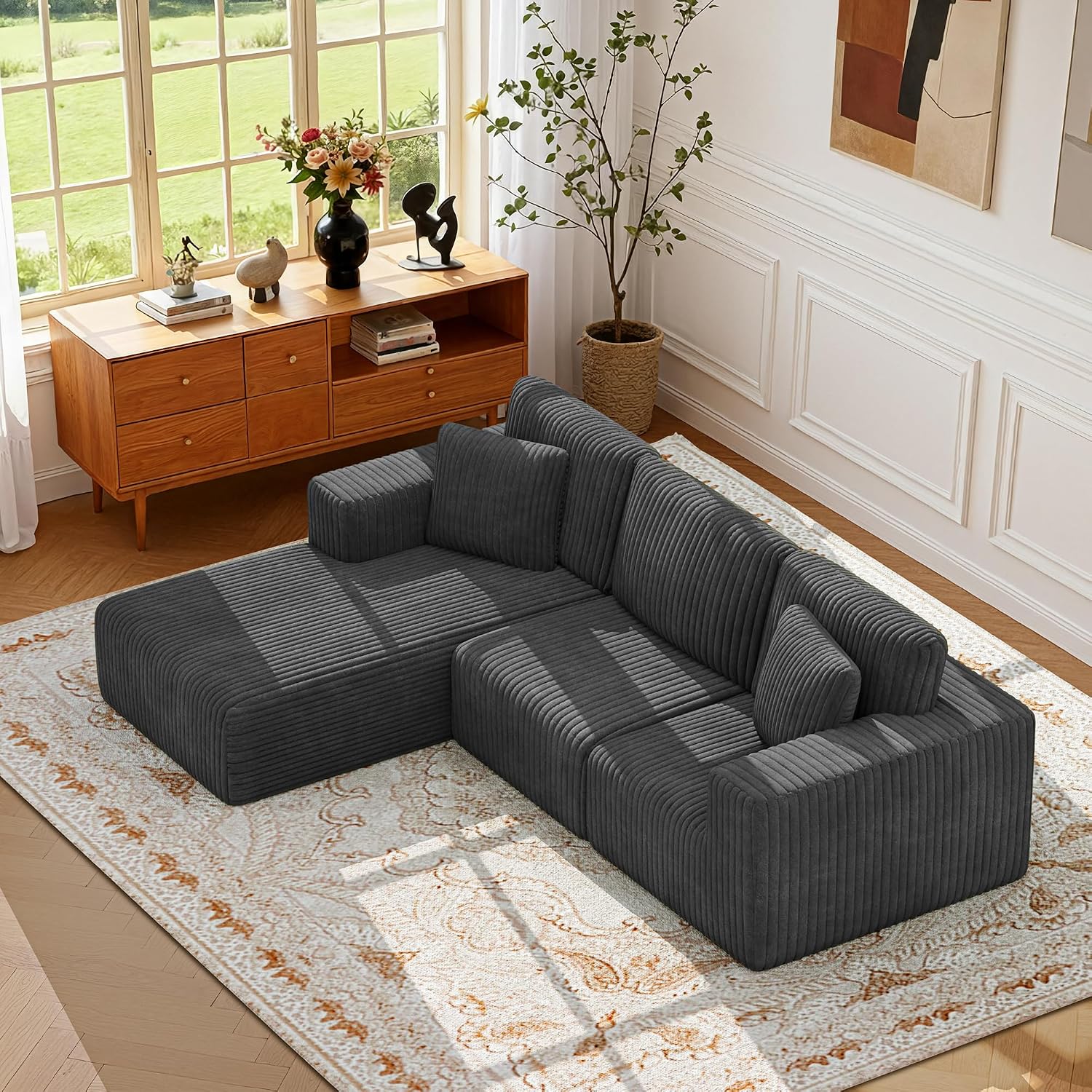 KINGYES 107'' Modular Sectional Sofa, L Shaped Cloud Couch for Living Room, Modern Plush Corduroy Boneless Sofa with Chaise for Bedroom, Gray
